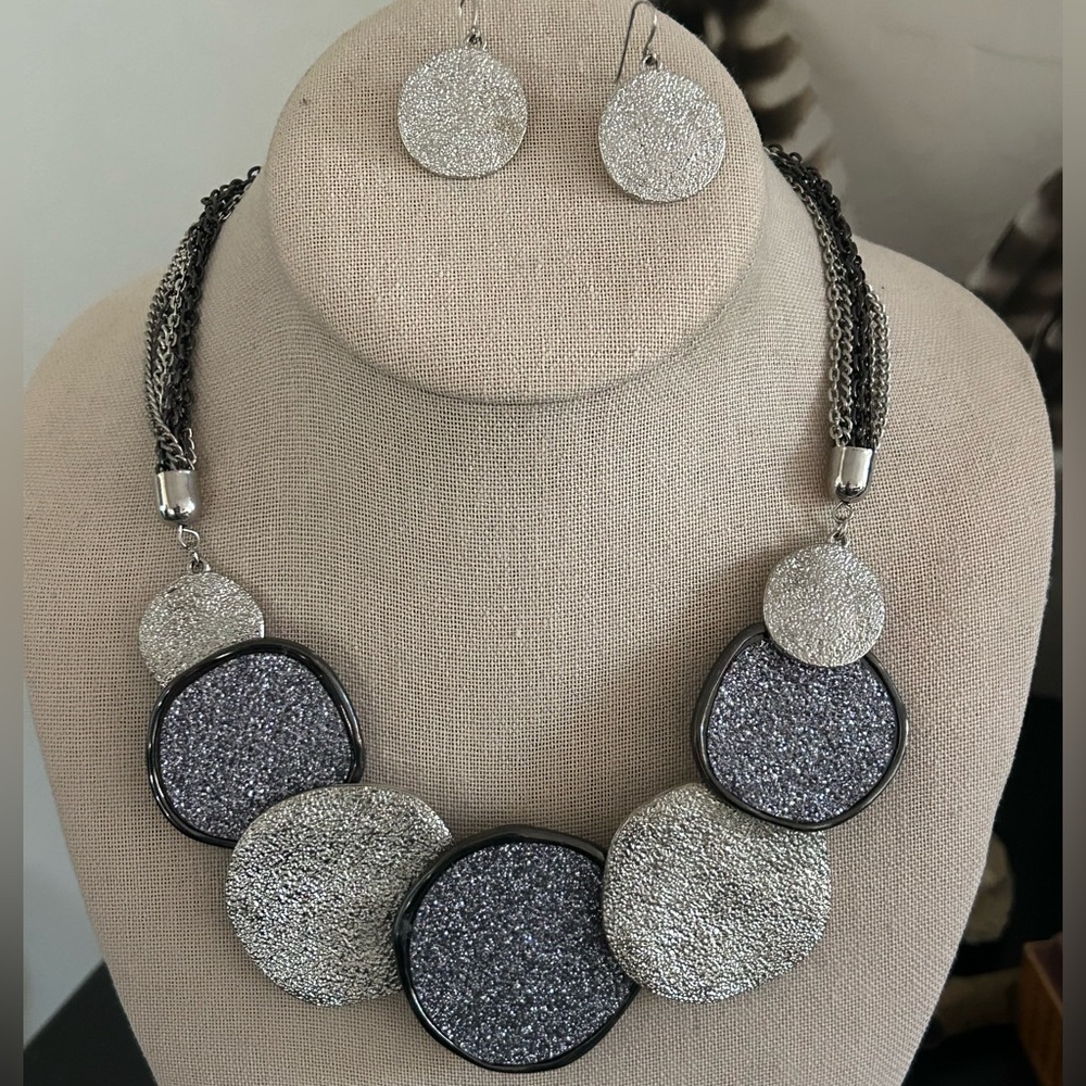 Vintage Silver & Black Textured Metal Disk Statement Necklace & Earrings Set